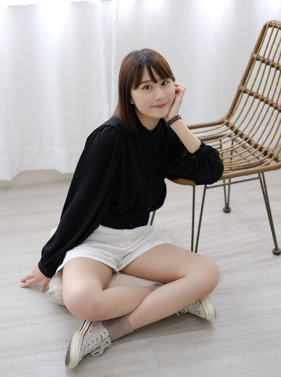 Cropped Button Up Blouse BLACK - DAG-DD7844-21BlackS - Black - S - D'ZAGE Designs
