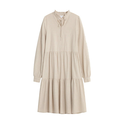 Tiered Long Sleeve Gingham Dress - DAG-DD9050-22CreamF - Beige Gingham - F - D'ZAGE Designs