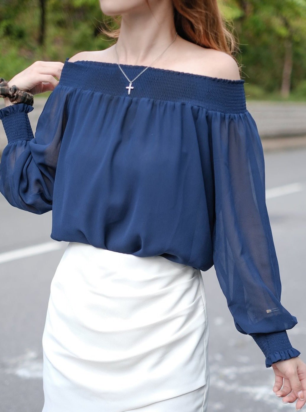 Long Sleeves Elastic Off-Shoulder Top NAVY - DAG-DD7846-21navyS - Navy Blue - S - D'ZAGE Designs