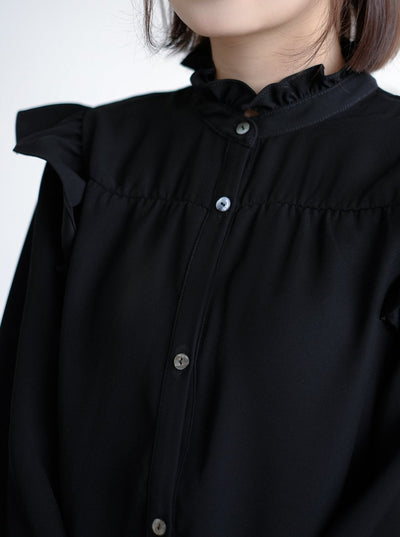 Ruffle-Trim Frill-Neck Dress BLACK - DAG-DD7838-2BlackS - Black - S - D'ZAGE Designs