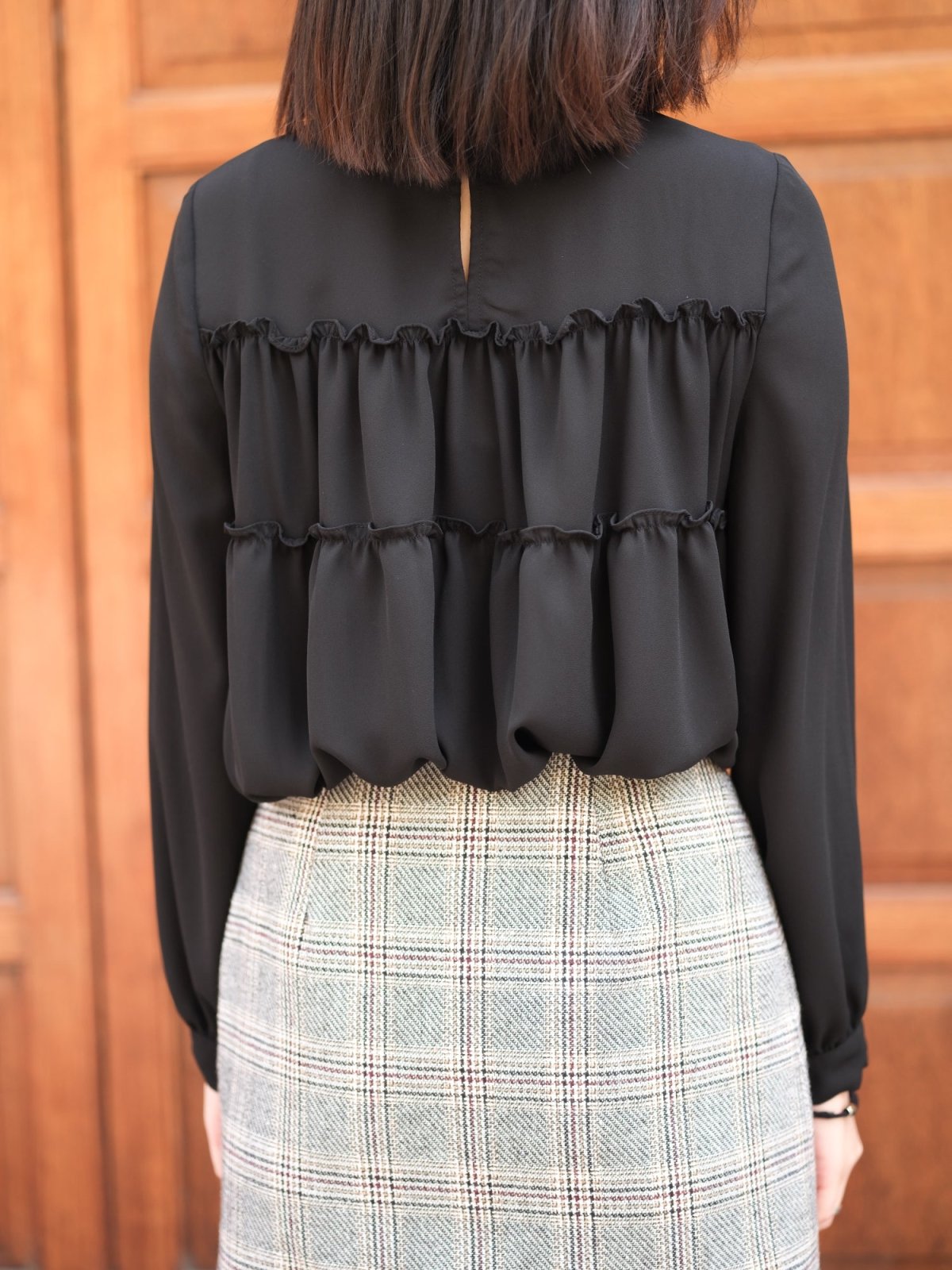 Ruffled Hem Blouse BLACK (DD) 黑色雪紡荷葉邊傘襬上衣 - DZAGE