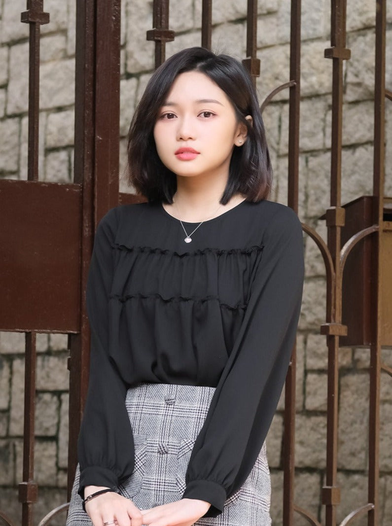 Ruffled Hem Blouse BLACK (DD) 黑色雪紡荷葉邊傘襬上衣 - DZAGE