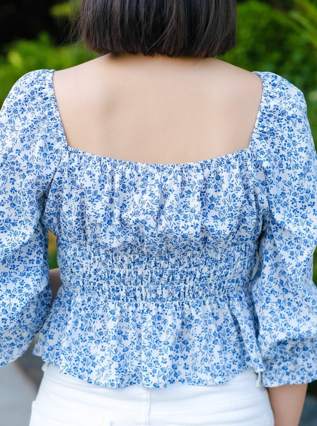Shirred Floral Print Blouse - DAG-DD8728-21IvoryBluePrintS - S - - D'ZAGE Designs