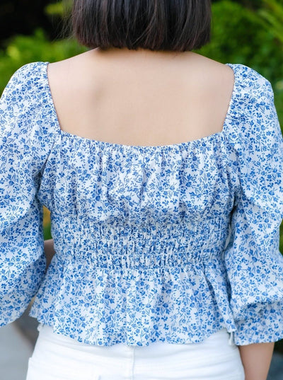 Shirred Floral Print Blouse - DAG-DD8728-21IvoryBluePrintS - S - - D'ZAGE Designs