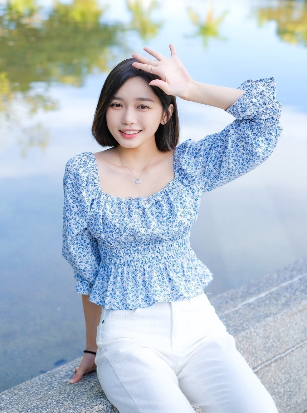 Shirred Floral Print Blouse - DAG-DD8728-21IvoryBluePrintS - S - - D'ZAGE Designs