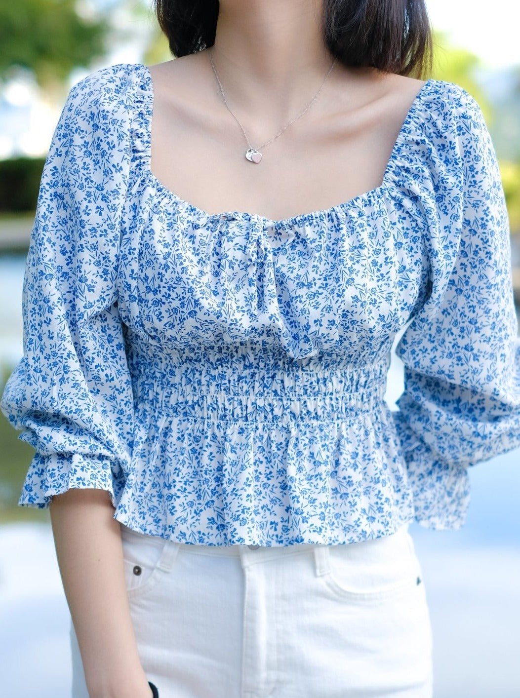 Shirred Floral Print Blouse - DAG-DD8728-21IvoryBluePrintS - S - - D'ZAGE Designs
