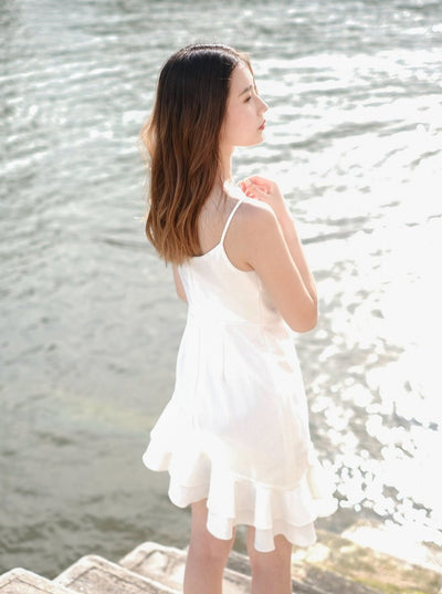 Short V-Neck Frilled Dress IVORY - DAG-DD7866-21IvoryS - Marshmallow White - S - D'ZAGE Designs