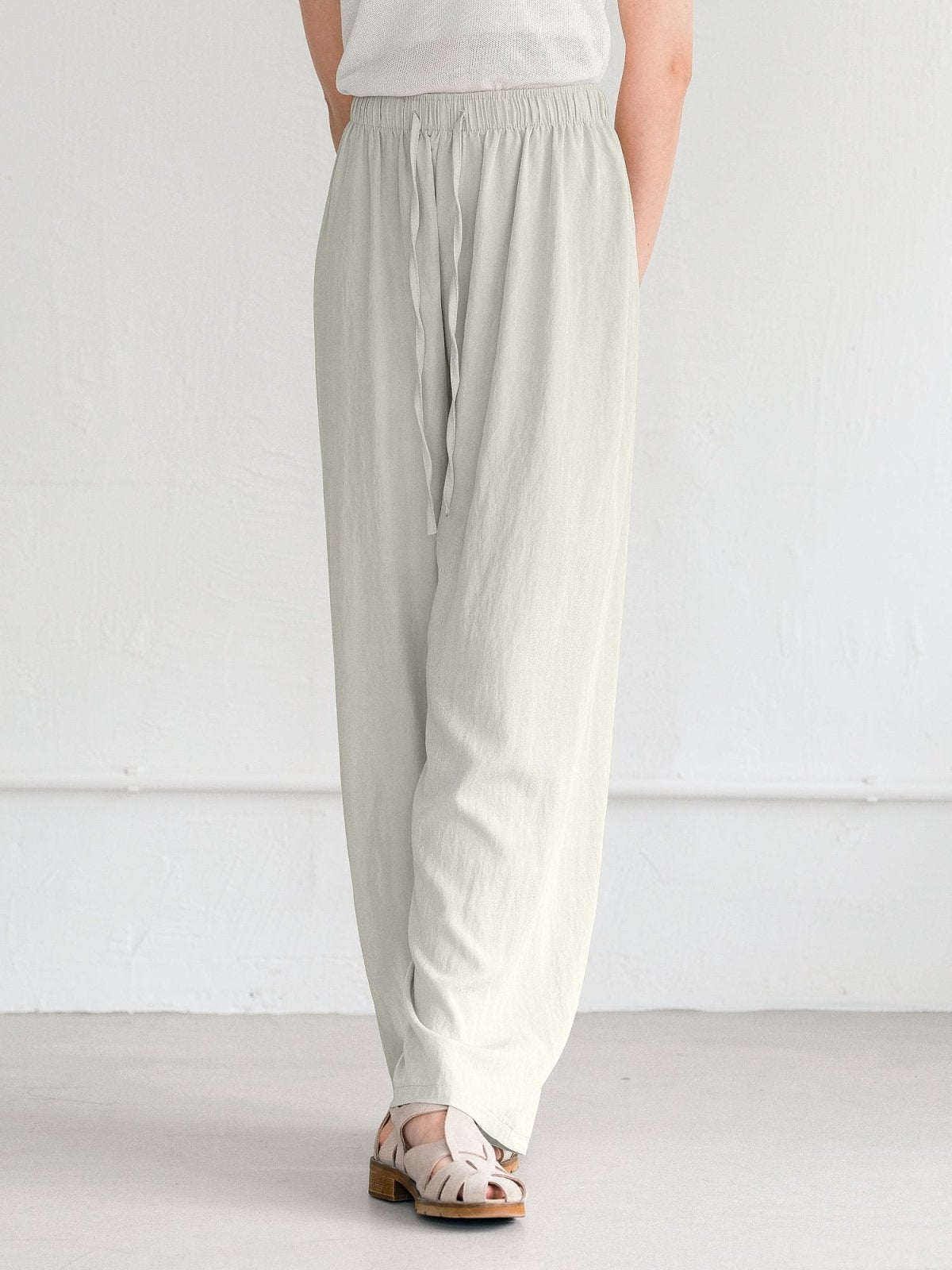 Rachel Tie Waist Wide Leg Trousers - DAG-G-220176WhiteF - Greenish White - F - D'ZAGE Designs